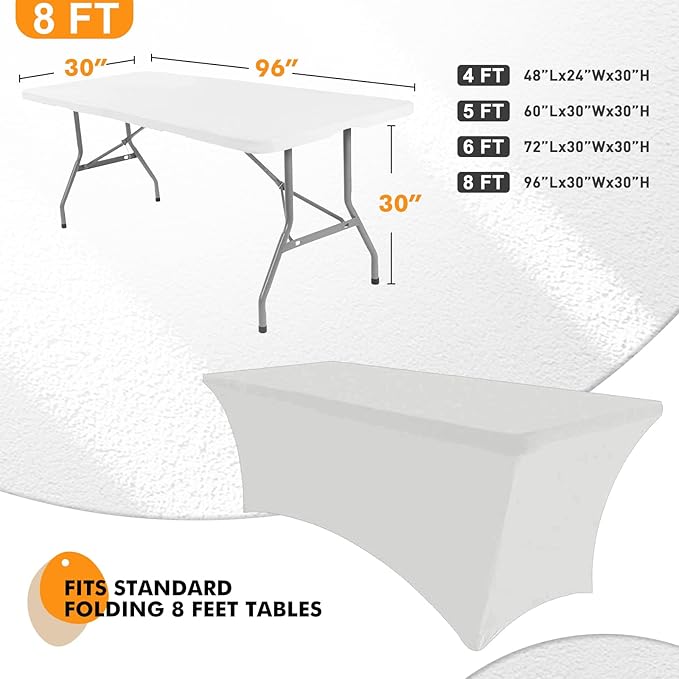 SEPARO Spandex Table Cover 1 Pack 8FT White Fitted Tablecloths,Washable Wrinkle Resistant Stretch Table Cloth Rectangle for Party Hosting Supplies,Wedding Decorations,Vendor Display,Banquet