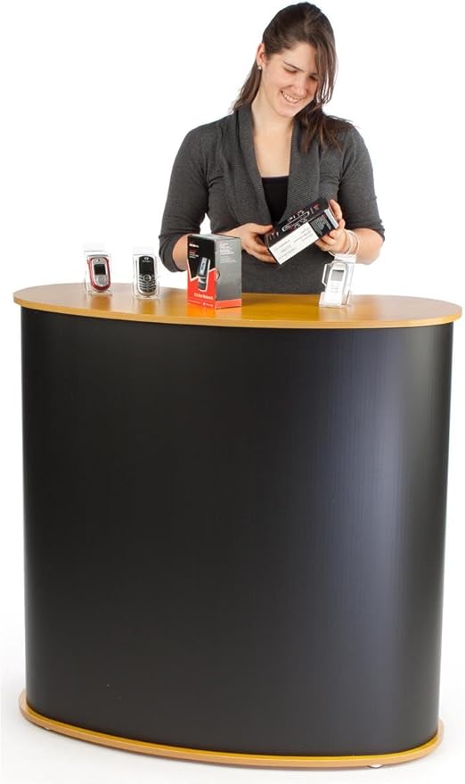 Pop-up Podium Counter with Kidney Bean Shaped Wood Grain Table Surface and Black Body - Portable Design, No Tools Required! (TSPCL02WD)