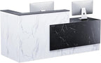 R-Shaped Modern Reception Desk with Counter & Storage - 71"/84" Large Office Front Desk, Salon Checkout Counter with Lockable Cabinets, Shelves & Drawers (Black & White, Right - 71''L x 34''W x 41''H)