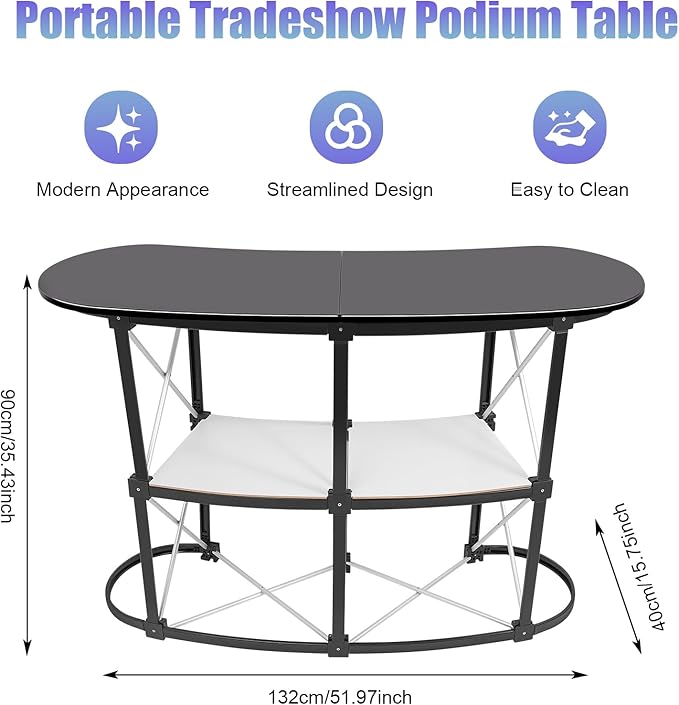 Portable Tradeshow Podium Table, 51.97x15.75x35.43Inch Curved Pop Up Table Foldable Retail Bar Table Reception Desk Speech Stand with Storage Rack for Checkout Exhibition Promotion Retail