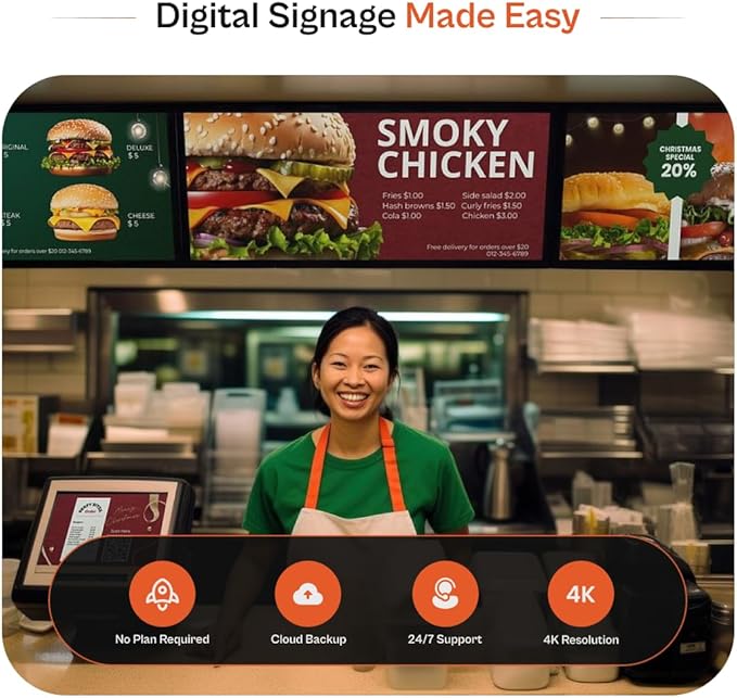 Digital Signage Player for Restaurants – No Subscription Needed, Includes Free Upload & Menu Scheduler, Unlock Affordable Premium Tools: Template Builder & AI Enhancer