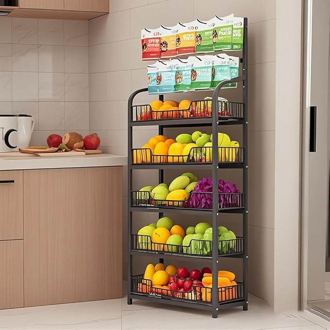 5 Tier Snack Rack Display Stand, Black Chip Rack Display Stand, Candy Display Rack with Hooks, Metal Retail Display Shelves for Store, Kitchen and Office