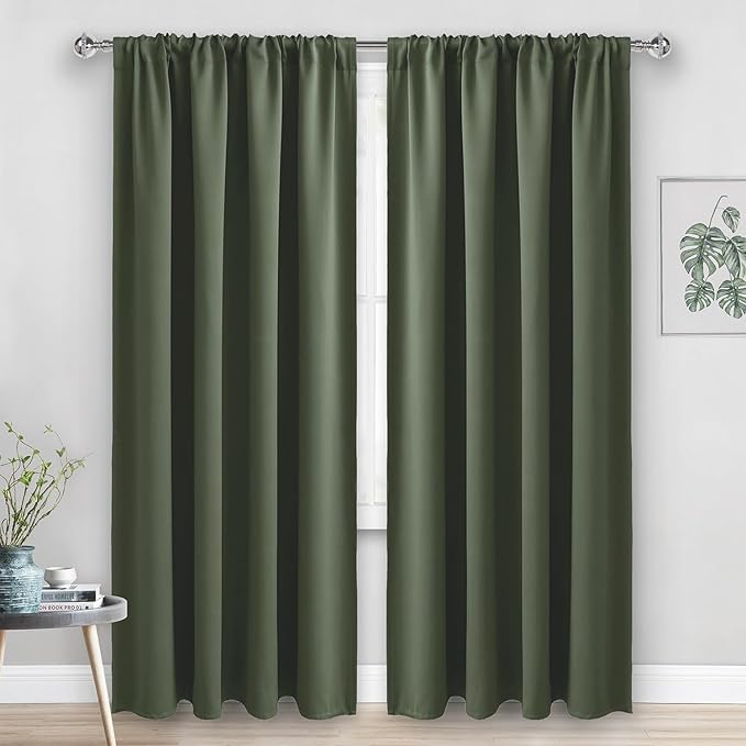 JIUZHEN Christmas Blackout Curtains for Bedroom - Thermal Insulated Room Darkening Noise Reducing, 52 x 84 Inch Length Curtains for Living Room, Set of 2 Panels with Tiebacks, Olive Green