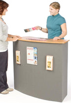 Portable Trade Show Counter, Sets Up in Minutes, Includes Gray Hook & Loop-Receptive Fabric Front and MDF Countertop with Natural Wood Finish – Stands 37-1/2” Tall