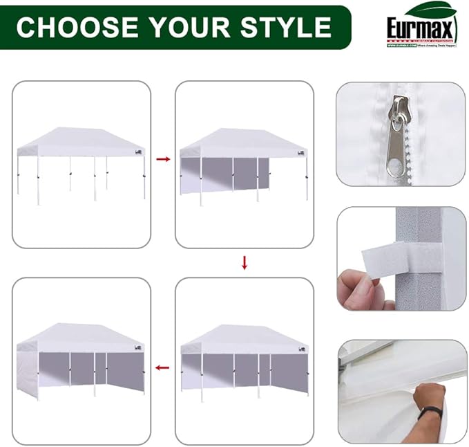 Eurmax USA 10'x20' Pop-up Canopy Tent Commercial Instant Canopies with 4 Removable Zipper End Side Walls and Roller Bag, Bonus 6 SandBags(Forest Green)