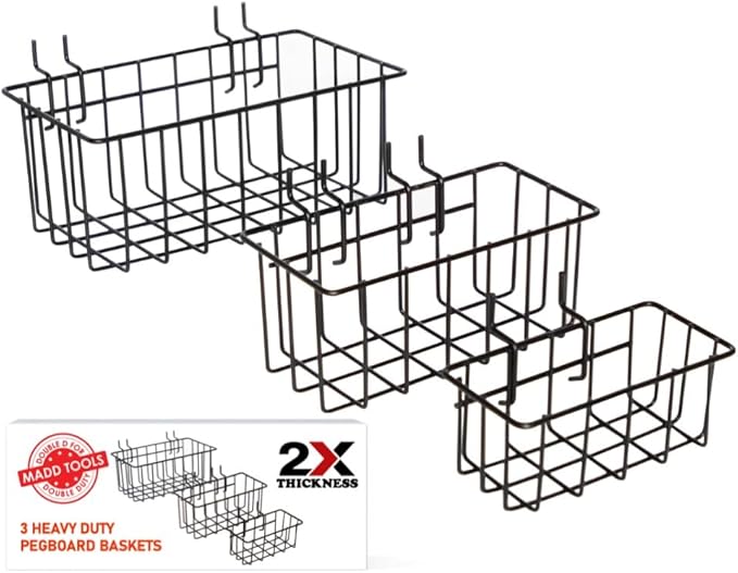 Heavy Duty Peg Board Hook Baskets for ¼ Pegboard Holes, Set of 3 Black Wire Baskets, Extra Thick Metal Fit Snugly in Pegboards with ¼ Inch holes, ¼” Peg Board Organizer Accessories for Tools and More