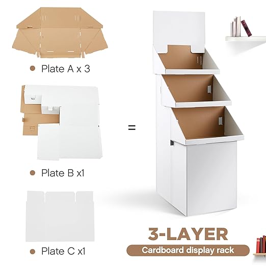 3 Tier Cardboard Display Stand, Point of Purchase Dump Bin Display Rack 65.75 Inch White Corrugated Cardboard 3 Layer Brochure Repeatable Removable Holder for Vendor Events Markets Booklets