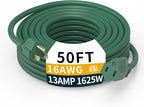 50FT 16/3 Gauge Green Outdoor Extension Cord Waterproof Heavy Duty, 3 Prong Cold Weatherproof -40℉ Flexible Power Cord, 13A 1625W SJTW ETL Listed for Lawn Mower, Christmas Lights, Tools