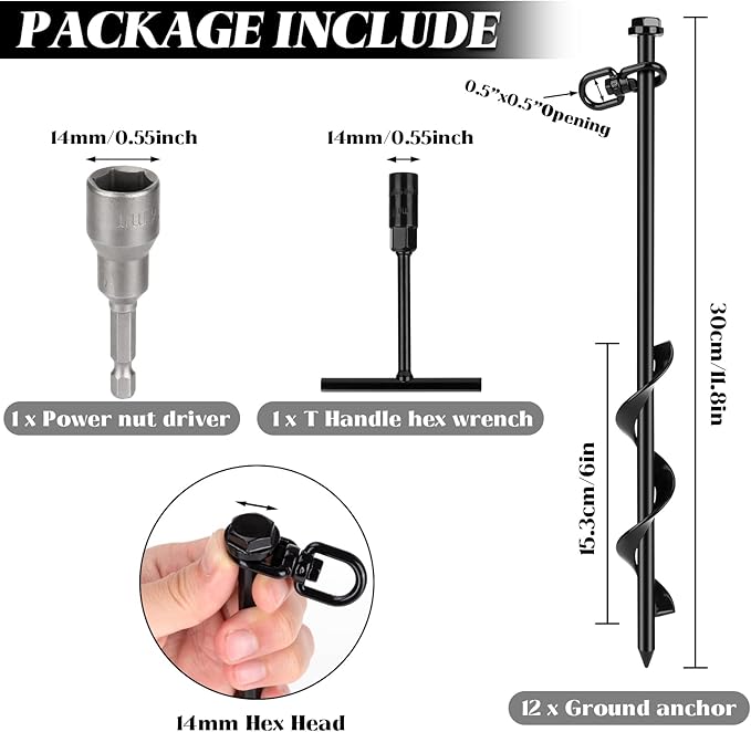 12 Pack Ground Anchor Heavy Duty Earth Anchors with T Handle Hex Wrench & Power Nut Driver, Metal Stakes Ground Anchors Screw in for Swing, Trampoline, Tents, Securing Animals