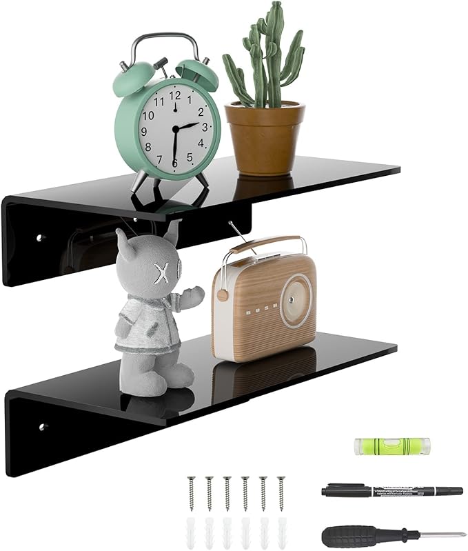 12 Inches Acrylic Wall Shelves 2 Pack, Floating Shelf for Wall Mounting, Acrylic Display Ledges for Funko Pop Figures, Home Décor, Living Room, Gaming Room, Plants(12 inch, Black)