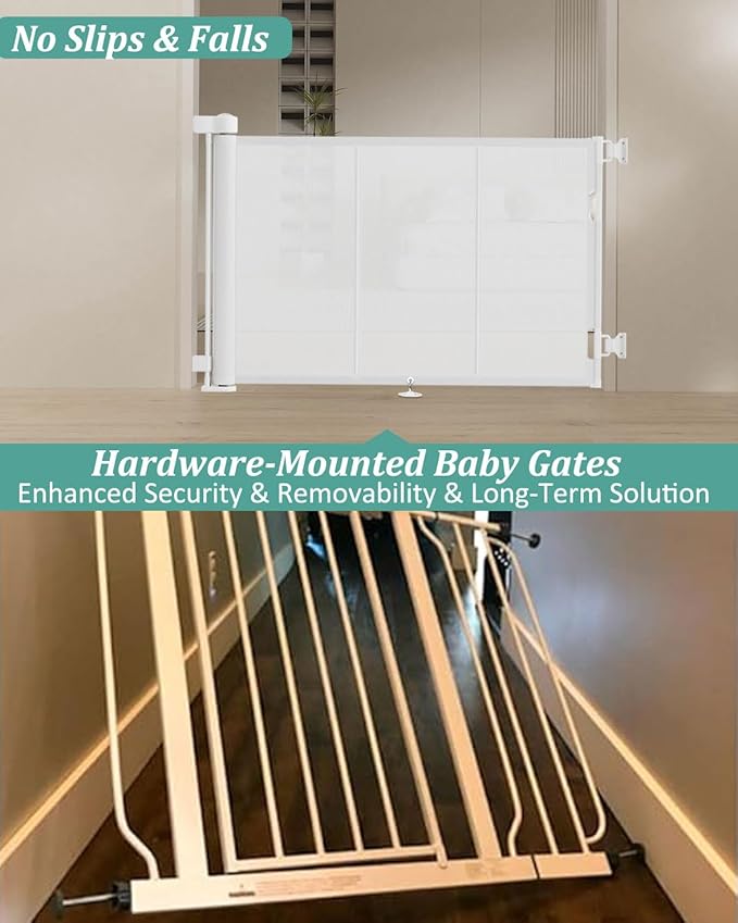71 inch Retractable Baby Gates 34 inch Tall, Retractable Gate with Reinforced Strip Design to Prevent Crawling Through, 6 FT Retractable Dog Gate for Stairs, Doorways, Hallways, Indoor/Outdoor