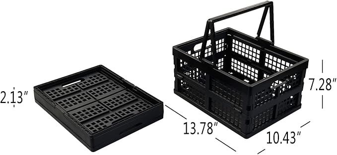 2 Pack Folding Plastic Crate, Collapsible Shopping Basket with Handles