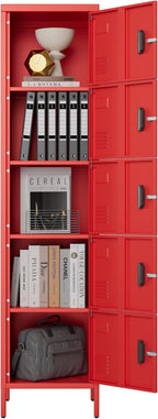 Aobabo 16" W 5 Door Metal Storage Locker with Lock, 66" H Steel Locker with Name Card Holder and Metal Leg for School, Home, Office, Playroom, Assembly Required, Red