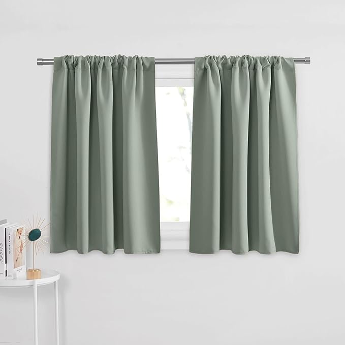 PONY DANCE Sage Green Kitchen Curtains 36 inch Long - Small Window Curtains for Cabin, Short Length Rod Pocket Drapes for Basement, Ideal for RV Camper, 29 x 36 inch Length, 2 Panels Set