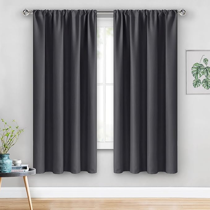 JIUZHEN Blackout Curtains for Bedroom– Thermal Insulated,Noise Reducing Room Darkening Rod Pocket Curtains for Living Room, Set of 2 Panels with Tiebacks, 42 x 63 inch Long, Dark Grey