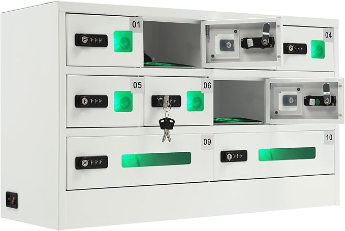 10 Slots Cell Mobile Phone Steel Locker with Combination Lock, Cellphone Charging Station with 3 in 1 Charging Ports for Most Phones, Cellphone Locker for Schools, Conference Rooms, and Offices