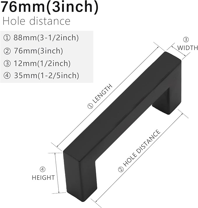 Matte Black Cabinet Handles - Square Drawer Pulls, 3 Inch Stainless Steel, 10 Pack, 76mm Hole Centers