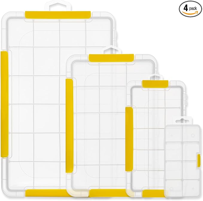 DOWELL Tackle Boxes, Plastic Tackle Storage Box Set, 4 Assorted Sizes with Removable Dividers, Fishing Tackle & Parts Organizer (4 Packs Trays)