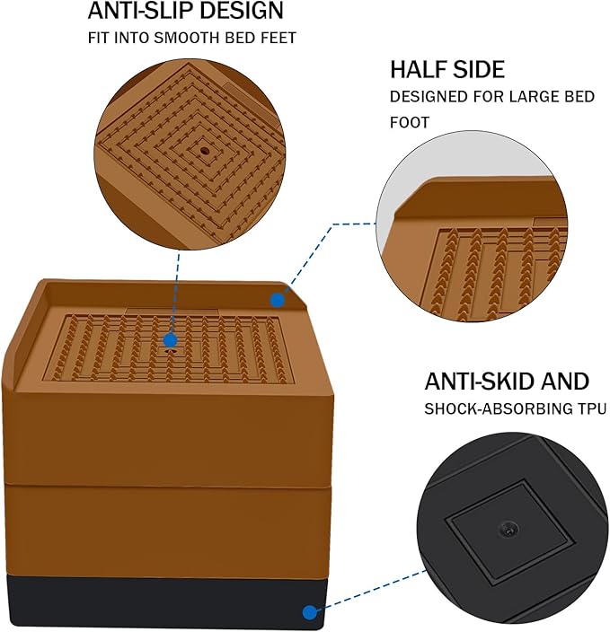 Bed Furniture Risers 3 inch, Square Adjustable Risers Blocks for Bed Sofa Table and Couch Lift to 1.5 or 3 inch，Heavy Duty Support Up to 1,300 Lbs (4 Pack-Brown)