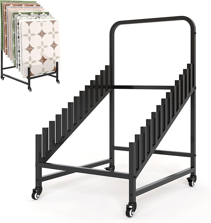 12-Tier Tile Sample Display Stand, Rolling Tile Sample Storage Rack, Metal Floor Tile Display Stand, Building Material Display Shelf, Slotted Tile Display Rack, Floor Sample Holder for Exhibition Hall