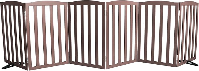 Freestanding Dog Gate Indoor,Doggie Gate Foldable Pet Gates for Doorways,Stairs or Hallways, Wooden Brown Pet Gate for The House, Pet Fence with Support Feet Included,32 "Height-6 Panels