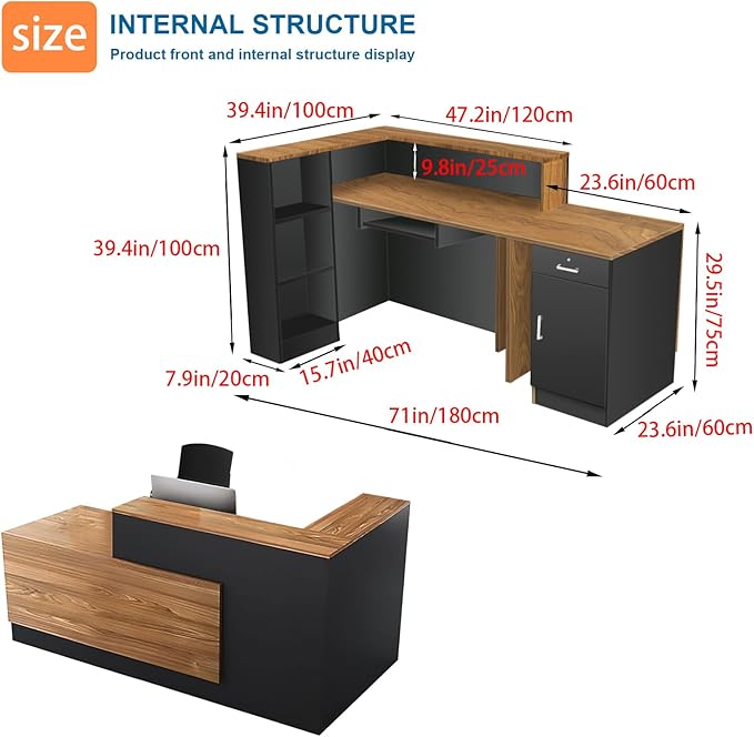 L-Shaped Reception Desk with Counter and Lockable Drawers and Storage Tall Modern Front Desk Reception Counter for Checkout Lobby Beauty Salon A Left 71inch/180cm