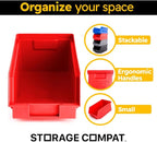24 Pack Small Storage Bin, Wall Mount Storage, Hanging and Stacking Bin, Freestanding | 7” x 4” x 3” Plastic Container | Red | Zeus 1PLZ03 | StorageCompat