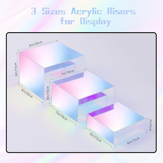 Risers Display Stands, Buffet Riser, Cubes Acrylic Display Box, Food Display Risers for Party, Acrylic Retail Display Stand, Nesting Showcase Display Riser, Craft Show Display Stand (3PCS-Iridescent)