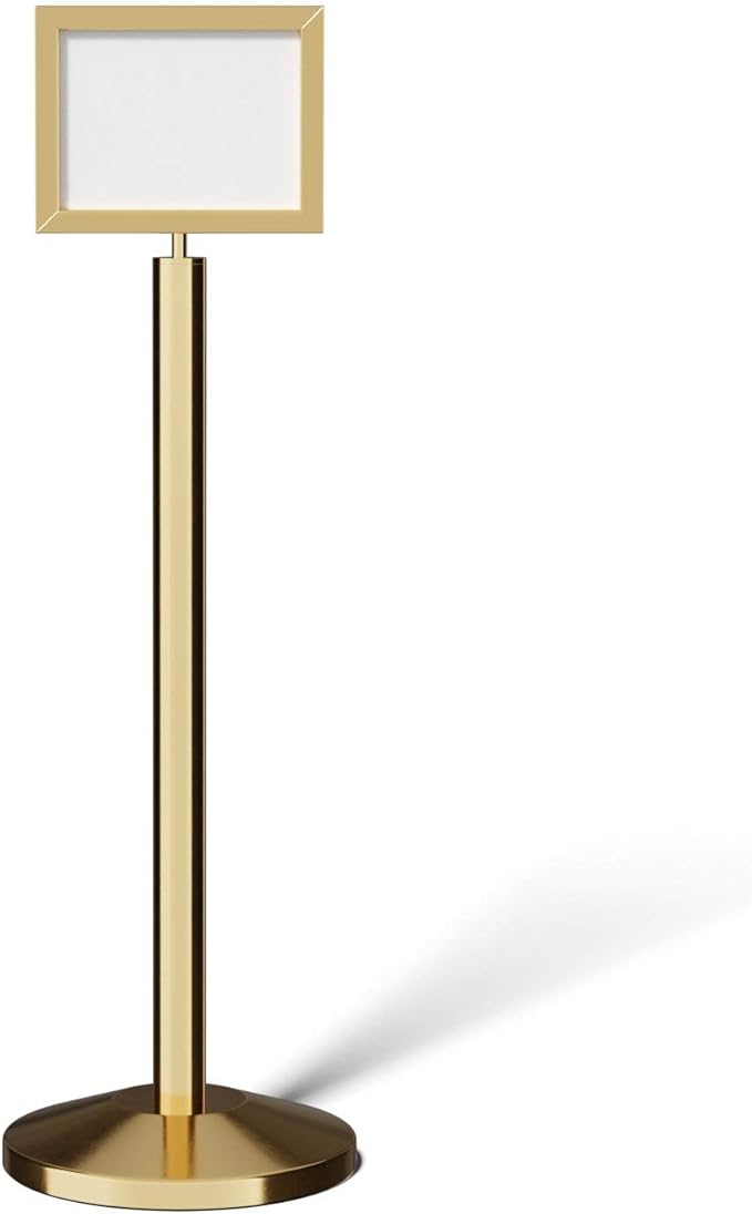 Crowd Control Warehouse Pedestal Standing Floor Sign Frame with Sloped Base, 8.5x11 Inch Horizontal, Polished Brassl