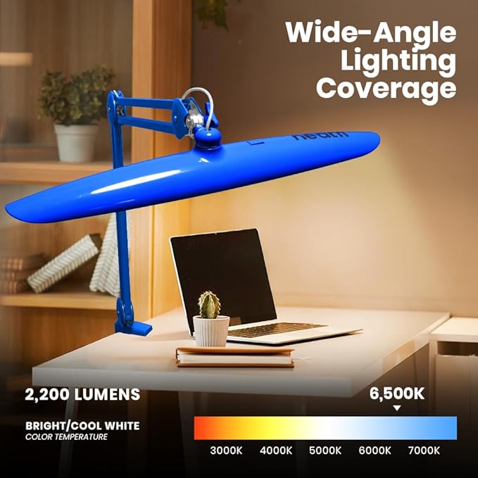 Neatfi XL 2,200 Lumens LED Task Lamp, 24W Super Bright Desk Lamp, 117 Pcs SMD LED, 4 Level Brightness, Dimmable, Task Light for Home, Office, Workbench (Non-CCT, Sapphire Blue)