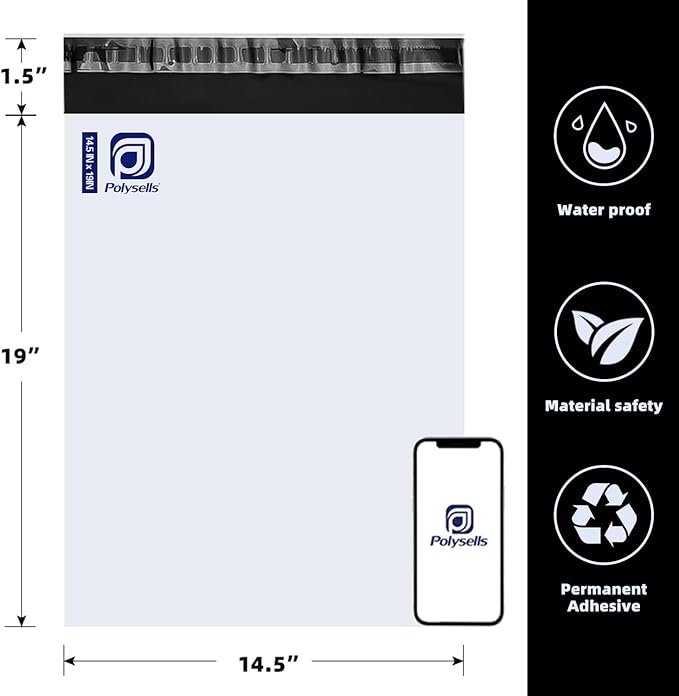 POLYSELLS 50 pcs 14.5x19 Inches White Poly Mailers Shipping Envelopes, Strong Adhesive Sealing, Waterproof, and Tear-resistant Postal Mailing Bags for Clothing, Books, and Accessories