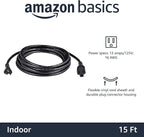 Amazon Basics Extension Cord, 15 Ft, 3 Prong Outlet Extender, Indoor Extension Cord, 13 Amps, 125V, Black