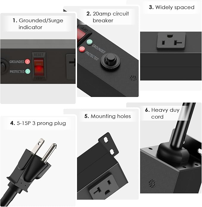 JUNNUJ Heavy Duty 20 Amp Power Strip,Wide Spaced Garage Industrial Heavy Duty Power Strip, Heavy Duty Power Strips Surge Protection 4800J with Circuit Breaker,5-15P Adapter High Amp 6-20R T-Slot