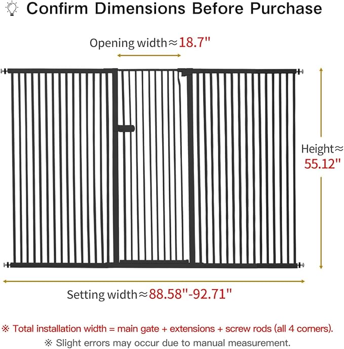 Lumizone Extra Tall Cat Gate 55.12" High Pressure Mounted Extra Wide 2025 New (17 Sizes) 1.37" Gap No Drilling Auto-Close One-Handed Operation Tall Pet Gate for Dogs(Black, 55.12" H x 88.58"-92.71" W)