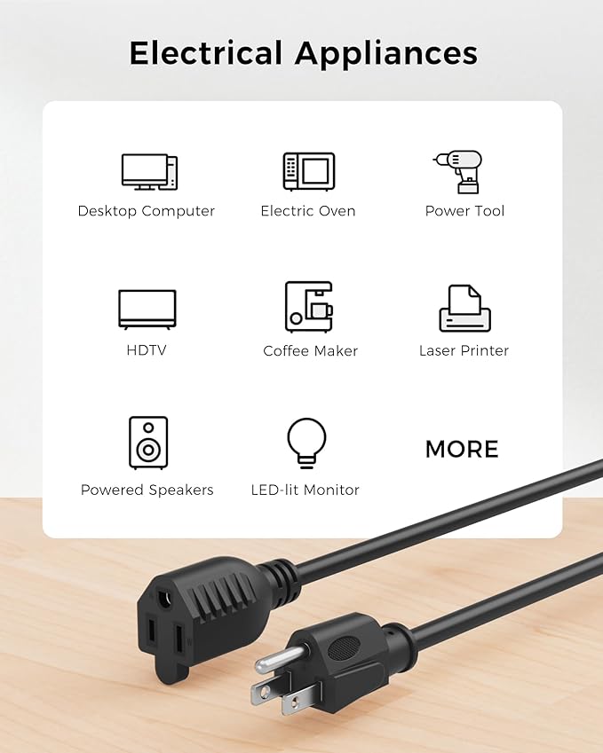 [ETL Listed] Cable Matters 2-Pack 16 AWG Heavy Duty 13A Power Extension Cord - 15ft, 3 Prong Power Cord Extension, NEMA 5-15P to NEMA 5-15R, Black