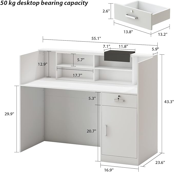AIEGLE Reception Counter Desk with Adjustable Shelf & Lockable Drawersfor Salon Reception Room Checkout Office, White (55.1" L x 23.6" W x 43.3" H)