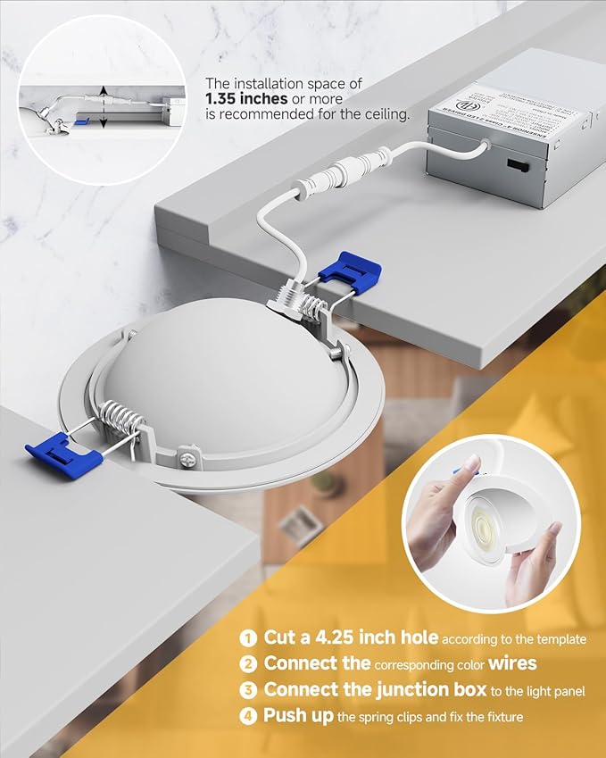 Ensenior 6 Pack 4 inch 5CCT LED Gimbal Led Recessed Light with Junction Box, 360°+90° Adjustable Directional Eyeball Lighting, Dimmable, 2700K/3000K/3500K/4000K/5000K, 900LM, 9W=85W, 120V-ETL&FCC