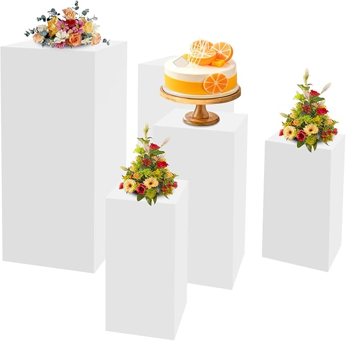 5Pcs White Square Display Pedestal Stands Iron Metal Display Rack, Dessert Table Cube Display Pillars Stand Set with Stable Base for Wedding Party Buffet Bakery Artwork