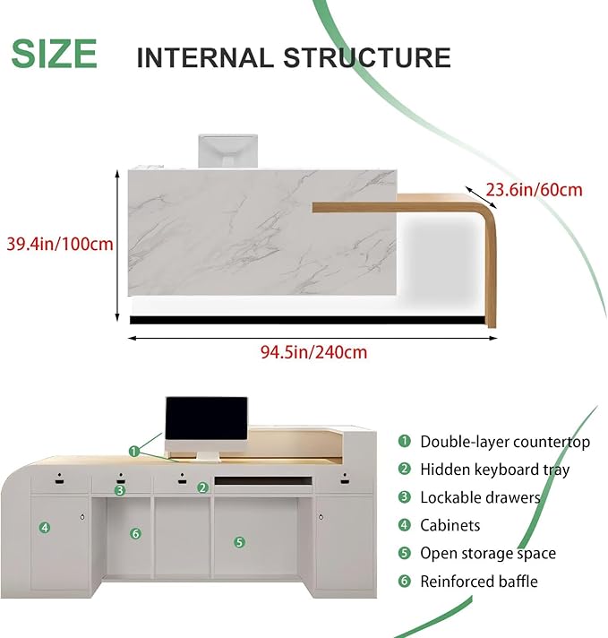 Modern Reception Desk with Counter Front Reception Table with Hidden LED Lighting Commercial Receptionist Desk White and Wood Checkout Counter Fully Assembled and Ready to Use 94inch