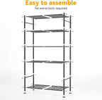 5 Tier Shelf Organizer Rack, Metal Shelving Unit with Adjustable Leveling Feet, Space-Saving Storage Shelves for Garage Closet Laundry Bathroom Kitchen Pantry, 33.07”Wx12.6”Dx72.04”H,Black