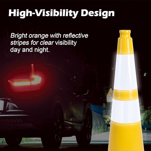4 Pack 28 Inch Yellow PVC Traffic Cones Black Base Stable Flexible, Road Safety Construction Zone Crowd Control Parking Safety Cones (4, Yellow, 28 Inch)
