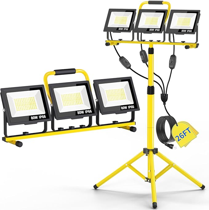26400LM LED Work Lights with Stand, 3 Adjustable Head Portable Worklight with 26FT Cord Switch and Foldable Tripod, IP66 Waterproof 5000K for Outdoor Indoor Construction Job Sites Workshops Garage