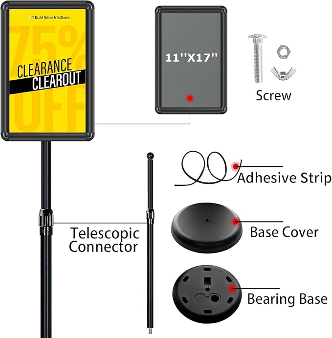 Sign Stand - Standing Sign Holder for 11x17 Inch, Pedestal Poster Sign Stand, Vertical and Horizontal View Displayed, Round Corner Sign Holder for Church School Parties Business Show, Black (2 Pack)