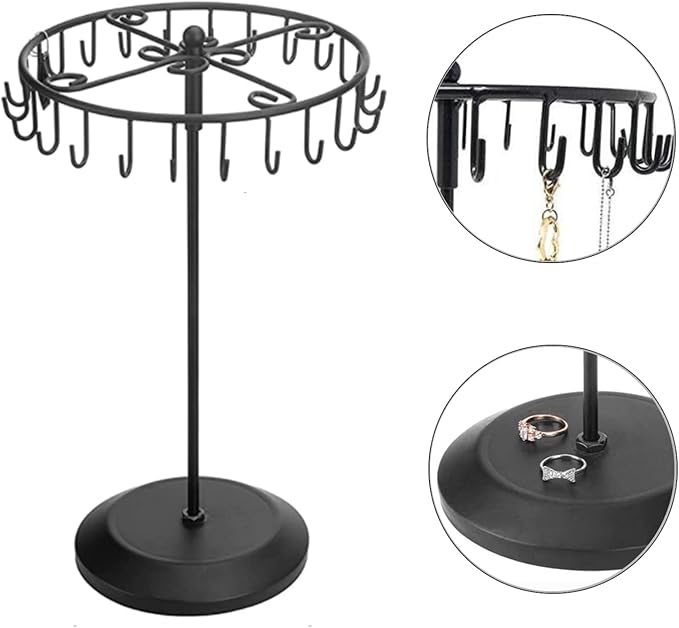 Rotating Necklace Holder Jewelry Organizer Display Stand 14-Inch with 23 Hooks Black, short-black, 8.27*5.9*13.8inch (HS01)