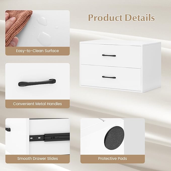GOFLAME Stackable 2-Drawer Dresser, Wood Horizontal Storage Organizer with Metal Handle & Smooth Sliders, Lateral File Cabinet with Anti-tilt Kit for Bedroom Office, White