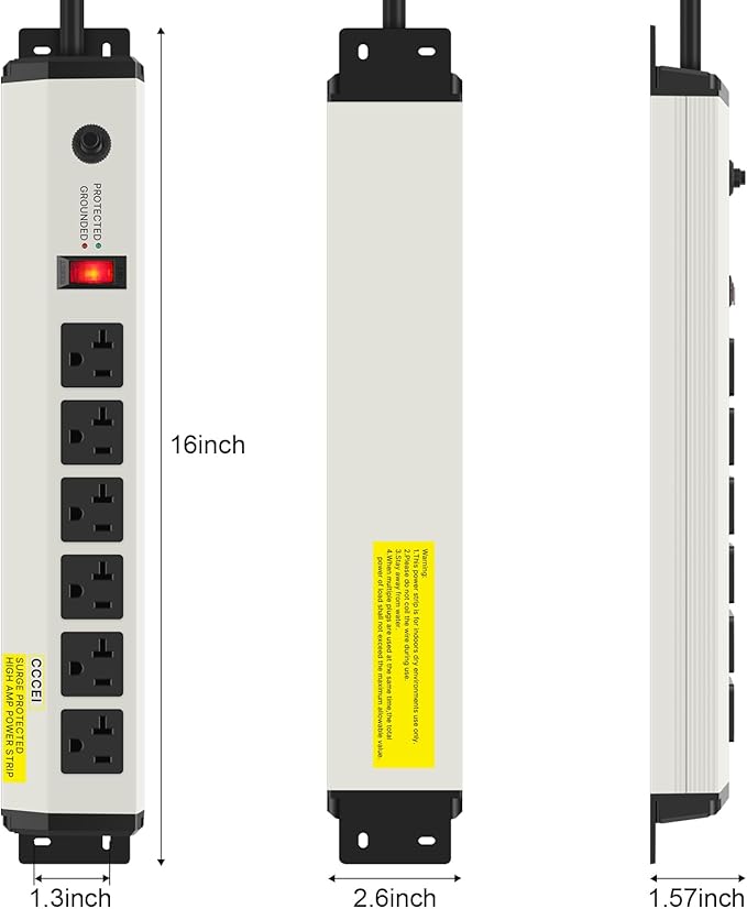 CCCEI 12 Gauge Heavy Duty Power Strip Surge Protector 4800J, 20 Amp 6 Plug Industrial Shop Garage Metal Multiple Outlets, 12 FT Extension Cord 5-15P Adapter High Amp 6-20R T-Slot 20a for Appliance.