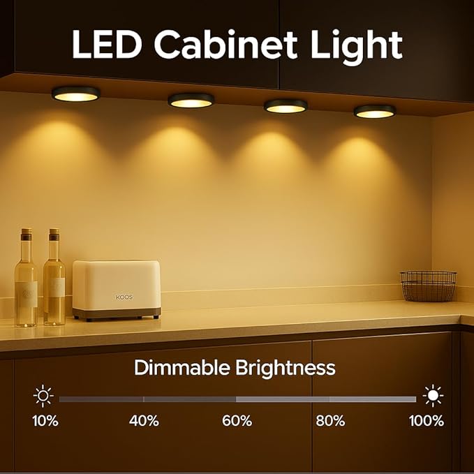 YGS-Tech LED Under Cabinet Lighting Kit, 1020 Lumens LED Puck Light, 3000K Warm White, CRI90+, Touch Dimming, Black Trim All Accessories Included, for Kitchen, Closet Lights, Safe Light, 6-Pack