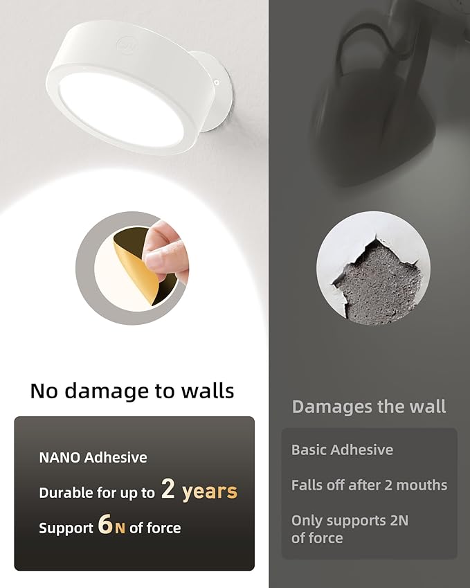 EZVALO LED Wall Mounted Lights, 5500mAh Rechargeable Wall Sconces Lamp, 3 Color Temps & Remote and Touch Control, 360°Rotation Dimmable Cordless Wall Light for Bedroom Reading Study (2 Pack White)