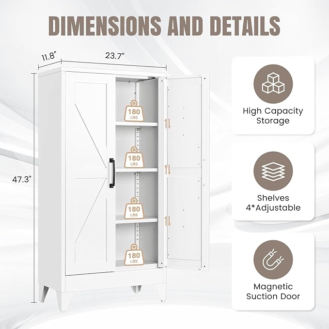 Yizosh Metal Storage Cabinet with 2 Doors and 3 Adjustable Shelves - 47" White Kitchen Pantry Storage Cabinet Locker for Kitchen,Living Room,Dining Room