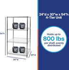 Shelving Inc. 24" d x 30" w x 54" h Chrome Wire Shelving with 4 Tier Shelves, Weight Capacity 800lbs Per Shelf